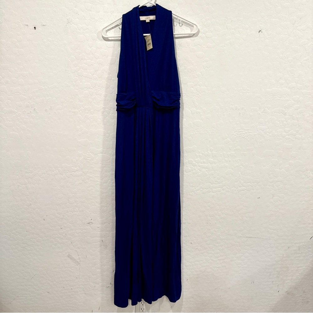 NWT LOFT Sleeveless Maxi Dress Cobalt Blue Womens MP Medium Petite Draped Party